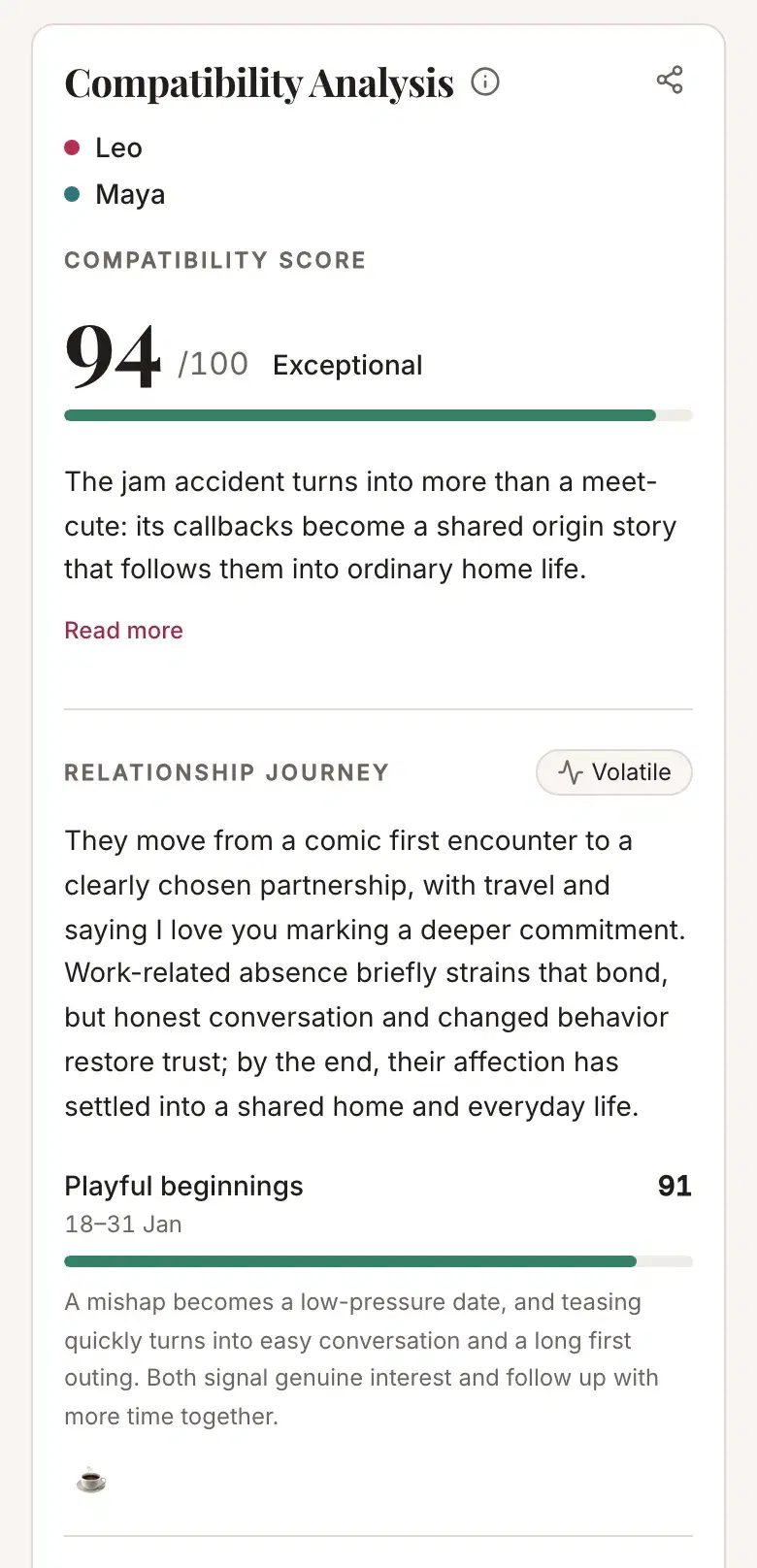 Compatibility score from the sample report: 94 out of 100