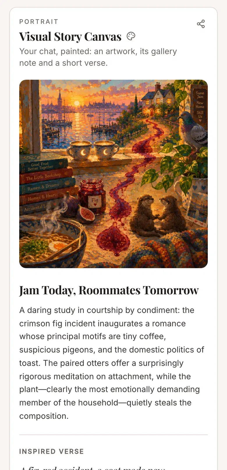 Visual Story Canvas from the sample report: a painting of the couple's chat
