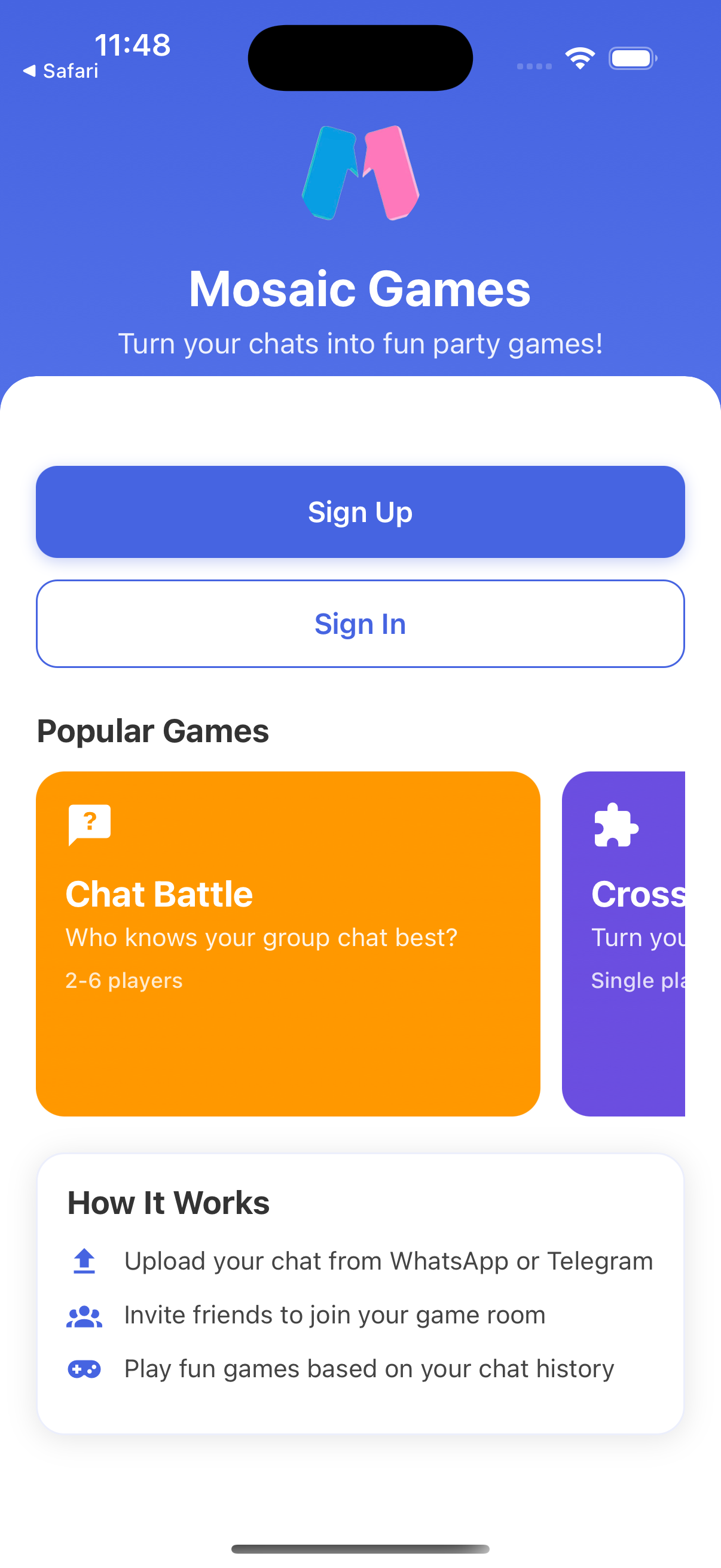 MosaicAI Chat Games interactive interface showing relationship-based game options and communication analysis features